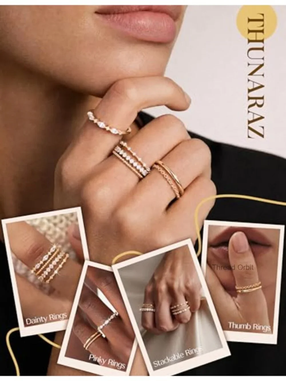 Dainty Stackable Ring Set, 14K Gold Plated, Cubic Zirconia, 6 Rings
